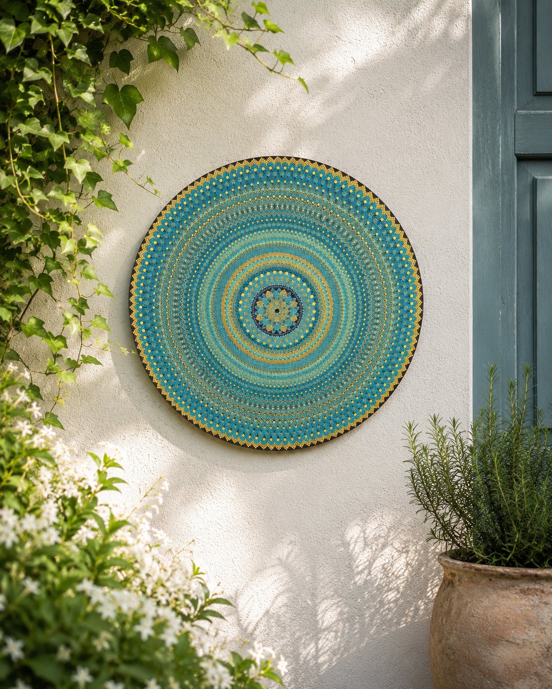 Inner Pulse original hand-painted mandala artwork displayed on a sunlit outdoor wall with greenery by Sweet Lilly Loves
