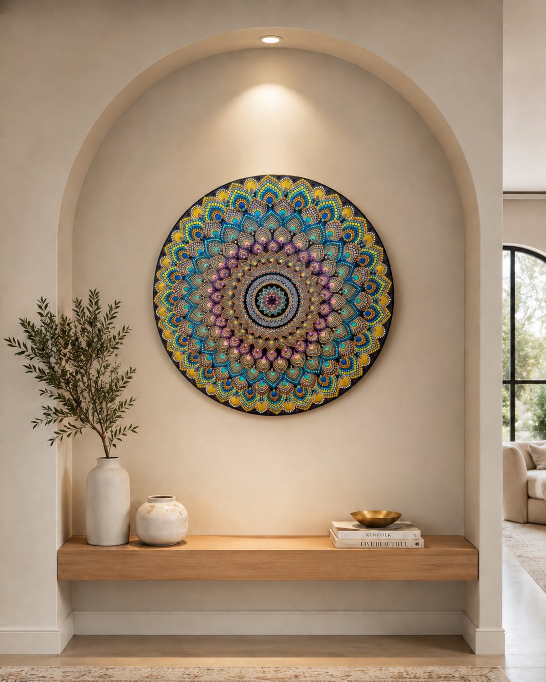 The Peacock Empress original hand-painted mandala artwork displayed in an arched wall niche by Sweet Lilly Loves