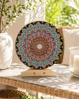 Aurum Bloomless original pink, gold, and teal dot mandala artwork displayed on a timber stand in a light outdoor setting by Sweet Lilly Loves