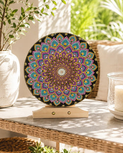 Aurum Bloomless original pink, gold, and teal dot mandala artwork displayed on a timber stand in a light outdoor setting by Sweet Lilly Loves