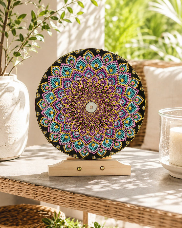 Aurum Bloomless original pink, gold, and teal dot mandala artwork displayed on a timber stand in a light outdoor setting by Sweet Lilly Loves