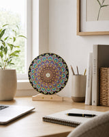 Aurum Bloomless hand-painted dot mandala artwork displayed on a desk beside books and stationery by Sweet Lilly Loves