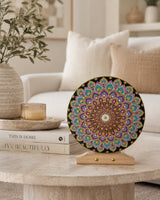 Aurum Bloomless colourful round mandala artwork displayed on a light coffee table with books and decor by Sweet Lilly Loves