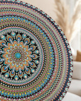 Close-up of Azure Rhythm original blue, pink, teal and gold dot mandala pattern by Sweet Lilly Loves