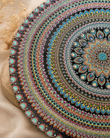 Close-up detail of Azure Rhythm blue, teal, pink and gold hand-painted dot mandala artwork by Sweet Lilly Loves