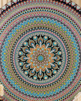 Detailed close-up of Azure Rhythm blue, pink, turquoise and gold circular dot mandala artwork by Sweet Lilly Loves