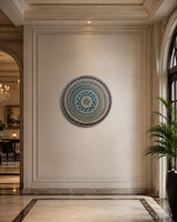 Azure Rhythm gold dot mandala wall art displayed on a light interior wall in a refined hallway by Sweet Lilly Loves