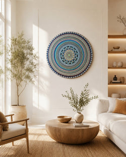 Azure Rhythm original dot mandala artwork displayed above a soft neutral lounge by Sweet Lilly Loves