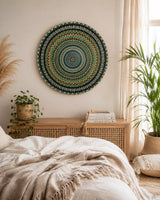 Buddy Light Forever round mandala wall art displayed above a neutral bed in a light natural bedroom by Sweet Lilly Loves