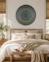 Buddy Light Forever original turquoise and gold dot mandala artwork displayed above a softly styled bed by Sweet Lilly Loves