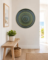 Buddy Light Forever round dot mandala wall art displayed above a timber desk in a light neutral room by Sweet Lilly Loves