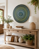 Buddy Light Forever original hand-painted mandala artwork displayed above a timber console with open shelving by Sweet Lilly Loves