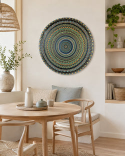 Buddy Light Forever hand-painted round mandala artwork displayed above a small dining table by Sweet Lilly Loves