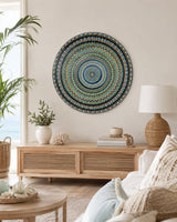 Buddy Light Forever turquoise and gold mandala artwork displayed above a timber bedhead in a serene bedroom by Sweet Lilly Loves