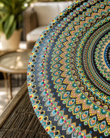 Close-up detail of Buddy Light Forever turquoise, blue and gold dot mandala artwork by Sweet Lilly Loves