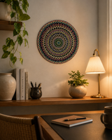 Hearts Sunset round dot mandala artwork displayed above a timber desk with warm lighting by Sweet Lilly Loves
