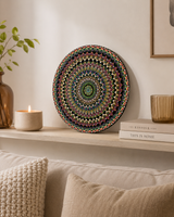 Hearts Sunset original round mandala artwork displayed on a timber dresser in a soft neutral bedroom by Sweet Lilly Loves
