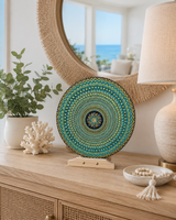 Golden Radiance round dot mandala artwork displayed on a timber console beneath a round mirror by Sweet Lilly Loves