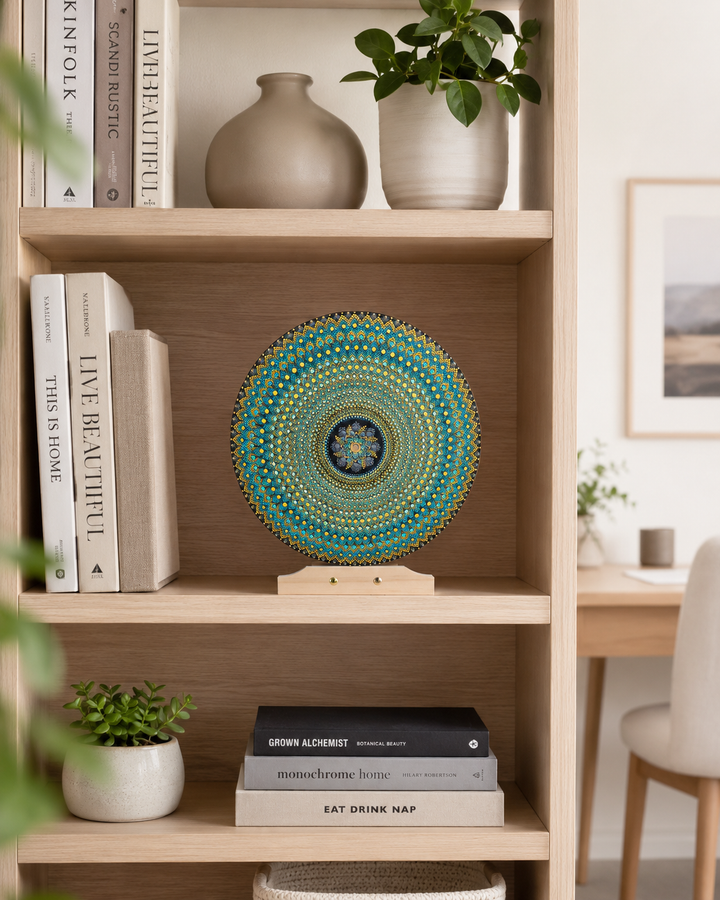 Golden Radiance original turquoise and gold dot mandala artwork displayed on a shelf with books and neutral decor by Sweet Lilly Loves