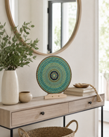 Golden Radiance hand-painted dot mandala artwork displayed on a stand on a slim console table by Sweet Lilly Loves