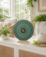 Golden Radiance original dot mandala artwork displayed on a bright console table with greenery by Sweet Lilly Loves