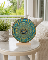 Golden Radiance turquoise and gold mandala artwork displayed on a small round table in a light interior by Sweet Lilly Loves