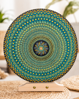 Close-up of Golden Radiance turquoise, teal and gold hand-painted dot mandala artwork by Sweet Lilly Loves