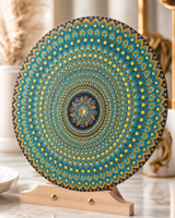 Golden Radiance turquoise, teal and gold dot mandala artwork displayed on a wooden stand by Sweet Lilly Loves
