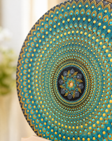 Detailed close-up of Golden Radiance turquoise, teal and gold circular dot mandala pattern by Sweet Lilly Loves