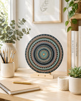 Copper Jewel original round mandala artwork displayed on a stand on a light desk with books and greenery by Sweet Lilly Loves