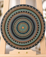 Copper Jewel original hand-painted copper and teal dot mandala artwork displayed on a wooden stand by Sweet Lilly Loves