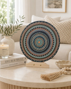 Copper Jewel original copper, blue and teal dot mandala artwork displayed on a timber stand on a light neutral table by Sweet Lilly Loves