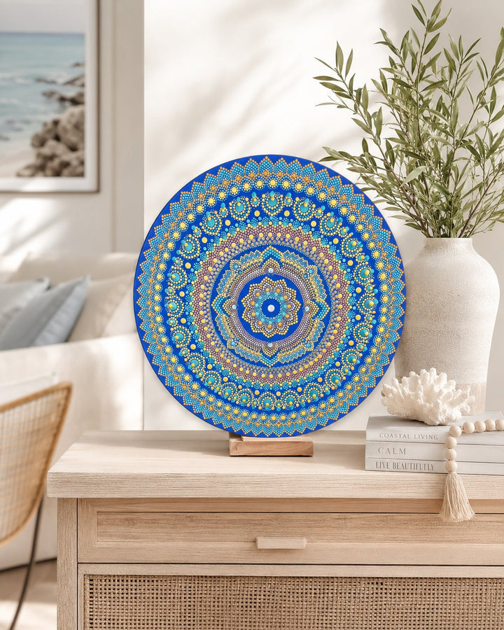Divine Tide of Gold original blue and gold dot mandala artwork displayed on a timber stand on a light dresser by Sweet Lilly Loves