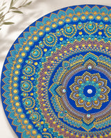 Close-up detail of Divine Tide of Gold blue, turquoise and gold hand-painted dot mandala artwork by Sweet Lilly Loves