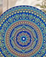 Close-up of Divine Tide of Gold original blue, turquoise and gold dot mandala artwork by Sweet Lilly Loves