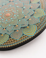 Detailed close-up of Echoes in Gold teal, blue and gold circular dot mandala artwork by Sweet Lilly Loves