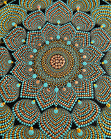 Close-up detail of Echoes in Gold, teal and gold hand-painted dot mandala artwork by Sweet Lilly Loves