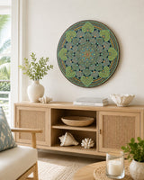 Echoes in Gold teal and gold dot mandala wall art displayed above a timber cabinet by Sweet Lilly Loves