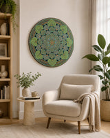Echoes in Gold round dot mandala wall art displayed above a cosy neutral armchair by Sweet Lilly Loves