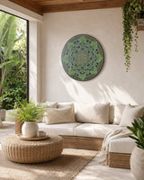 Echoes in Gold original teal and gold dot mandala artwork displayed above a soft neutral lounge by Sweet Lilly Loves