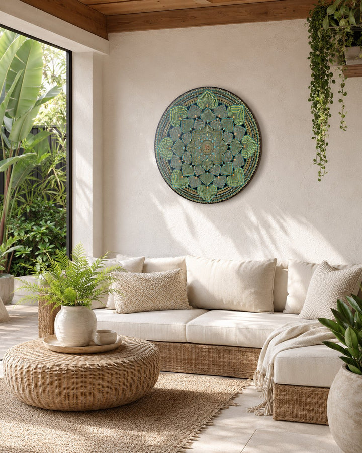 Echoes in Gold original teal and gold dot mandala artwork displayed above a soft neutral lounge by Sweet Lilly Loves