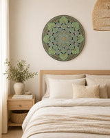 Echoes in Gold original hand-painted mandala artwork, is displayed above a softly styled neutral bed by Sweet Lilly Loves