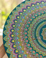 Close-up detail of Emerald Echo Aurelia green, teal and gold hand-painted dot mandala artwork by Sweet Lilly Loves