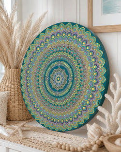 Emerald Echo Aurelia original green, teal and gold dot mandala artwork displayed on a timber stand in a soft neutral interior by Sweet Lilly Loves