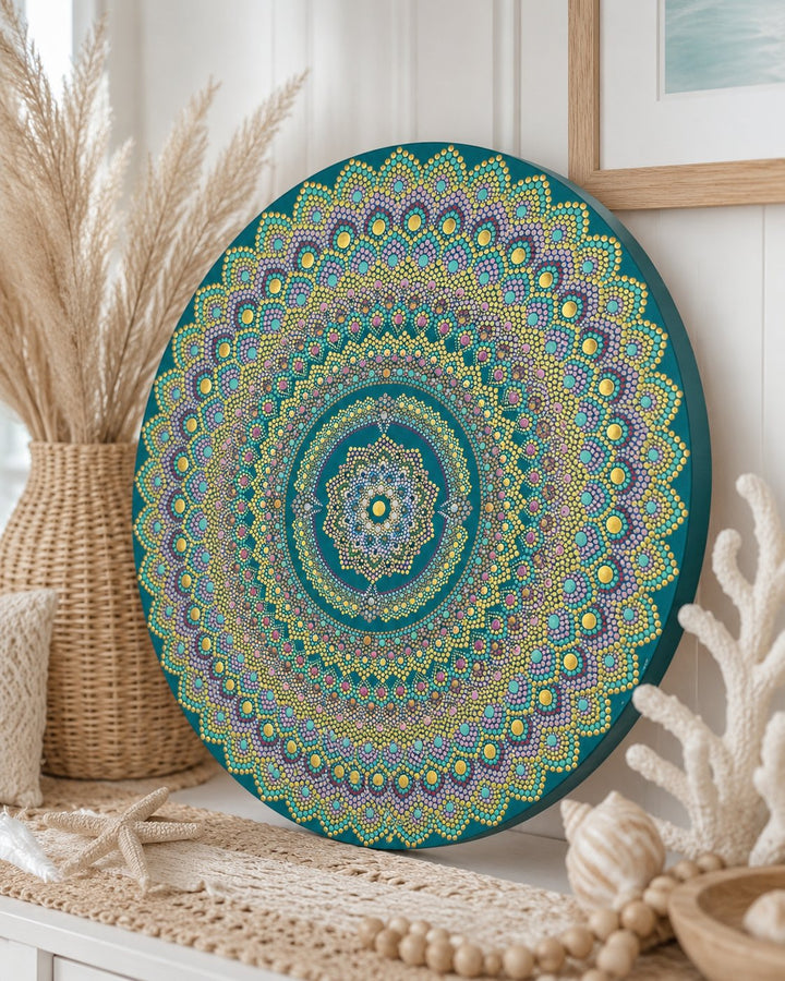 Emerald Echo Aurelia original green, teal and gold dot mandala artwork displayed on a timber stand in a soft neutral interior by Sweet Lilly Loves