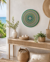 Emerald Echo Aurelia original round dot mandala artwork displayed in a soft arched wall niche by Sweet Lilly Loves