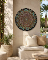 Empress Energy original round mandala artwork displayed beside an arched outdoor lounge space by Sweet Lilly Loves
