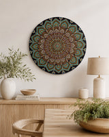 Empress Energy dot mandala artwork displayed above a timber console with soft neutral styling by Sweet Lilly Loves