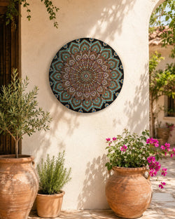 Empress Energy original hand-painted dot mandala artwork displayed on a sunlit courtyard wall by Sweet Lilly Loves