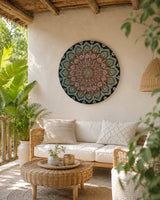 Empress Energy round dot mandala wall art displayed in a bright outdoor lounge space by Sweet Lilly Loves